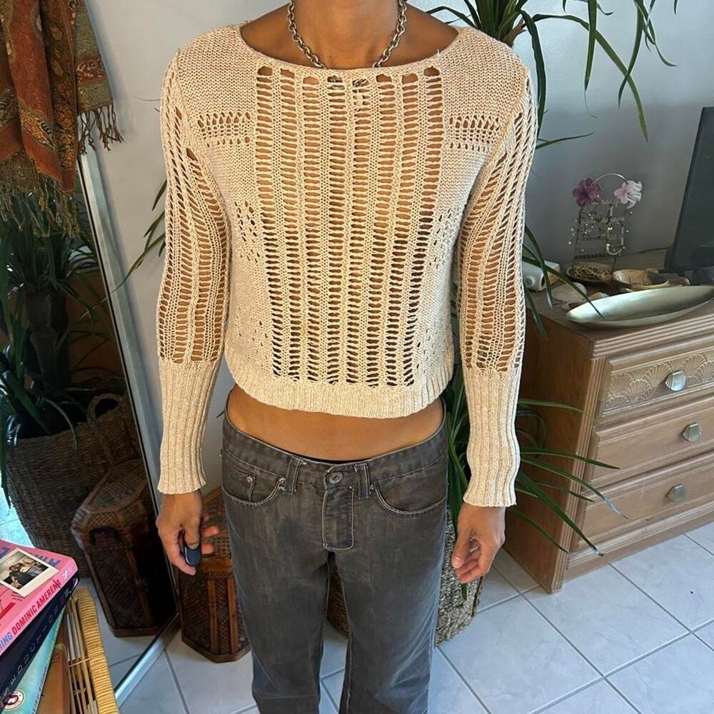 Free People Open Knit Crochet Boho Cropped Sweater XS
